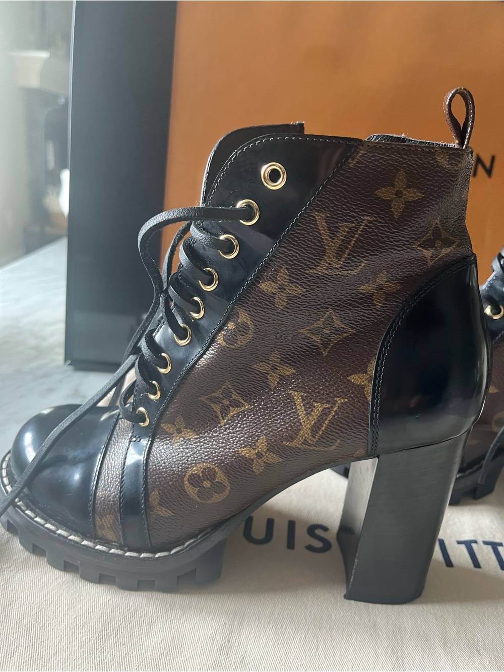 Louis Vuitton Monogram Canvas and Black Leather Lace-Up Heeled Ankle Boots